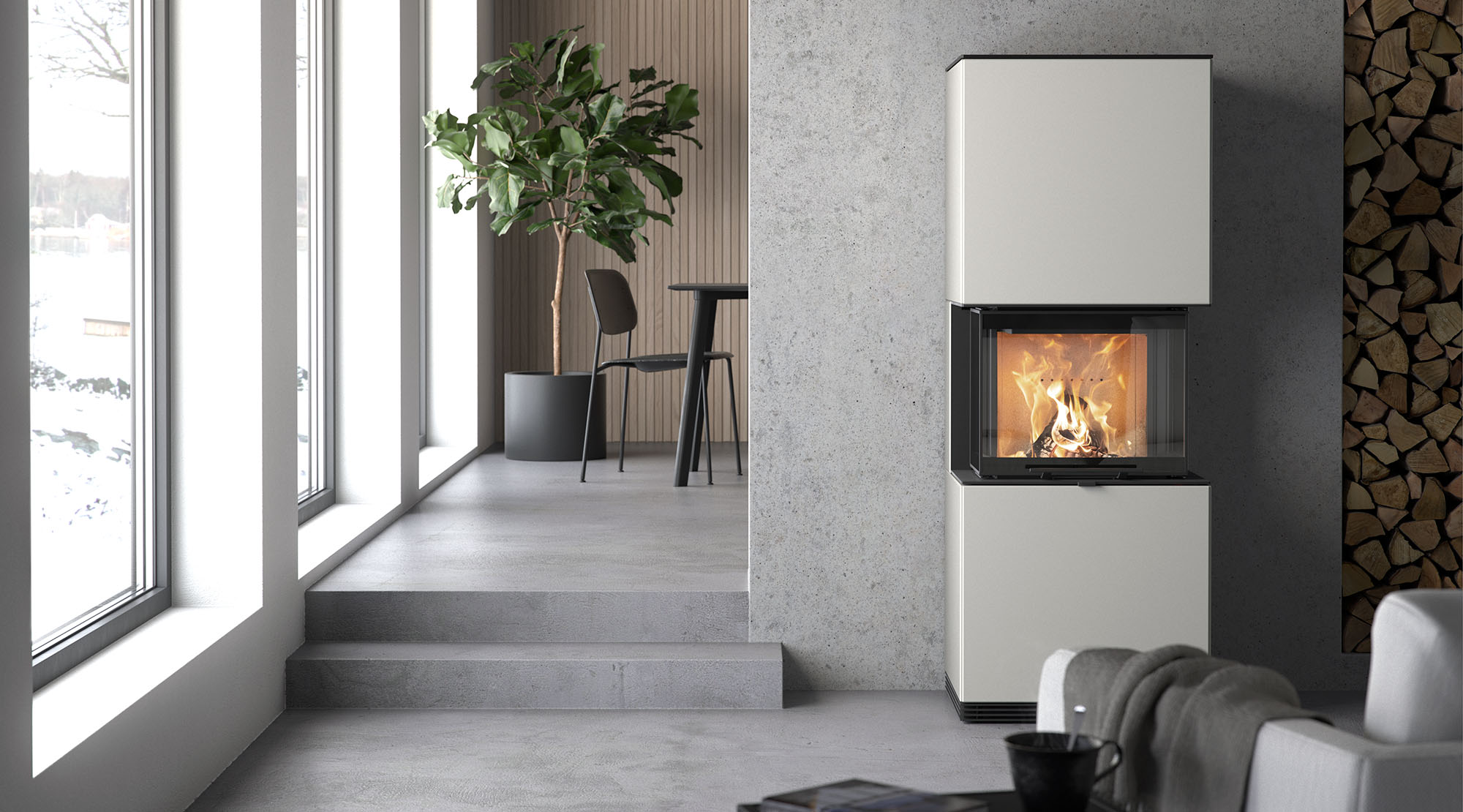 Contura i61A in white color installed in a home with concrete interior.