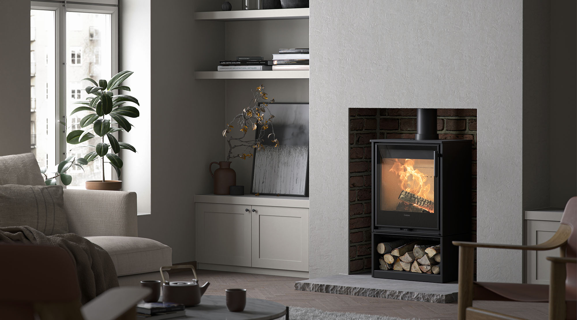 Contura 210 installed in a living room, placed inside an old fireplace