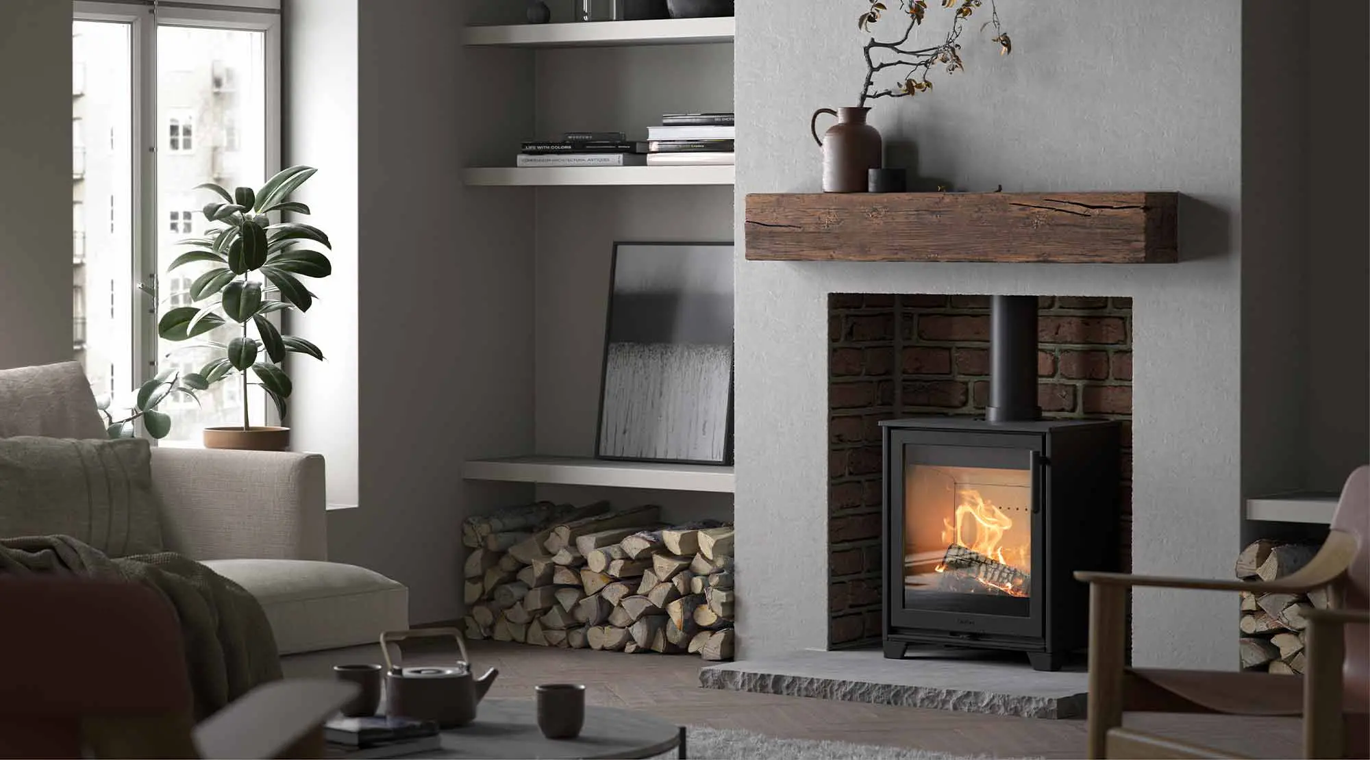 Contura 210 installed in living room, placed in an old fireplace